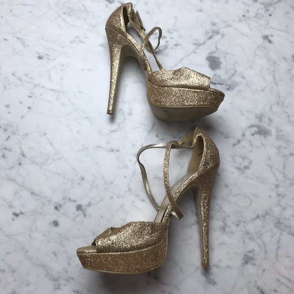 CeCe Gold Glitter Metallic Open Toe Stiletto Heels - Picture 9 of 11